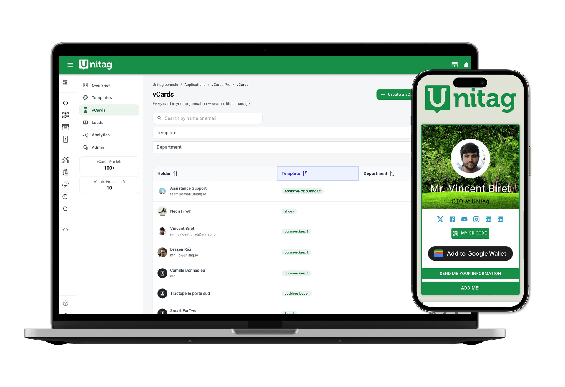 vCard Pro centralized dashboard listing every card in the organization vCard Pro centralized dashboard listing every card in the organization